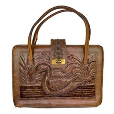 Hand Tooled Brown Leather Mexican Handbag Purse with Duck Pond Scene Vintage