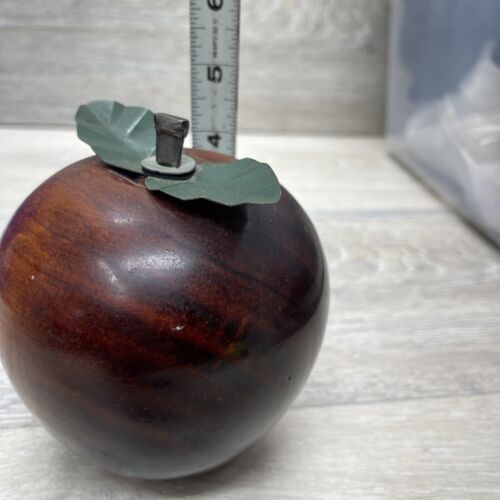 Vintage Hardwood Apple Metal Leaves And Stem Handmade Artist Signed Paperweight - Picture 3 of 8