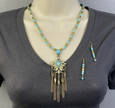 Handmade Necklace Earrings Set Faux Turquoise Brass Beaded