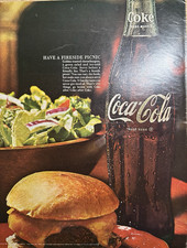 1960s Coca Cola Soda Bottle Fireside Picnic Drink Cheeseburger Vintage Print Ad