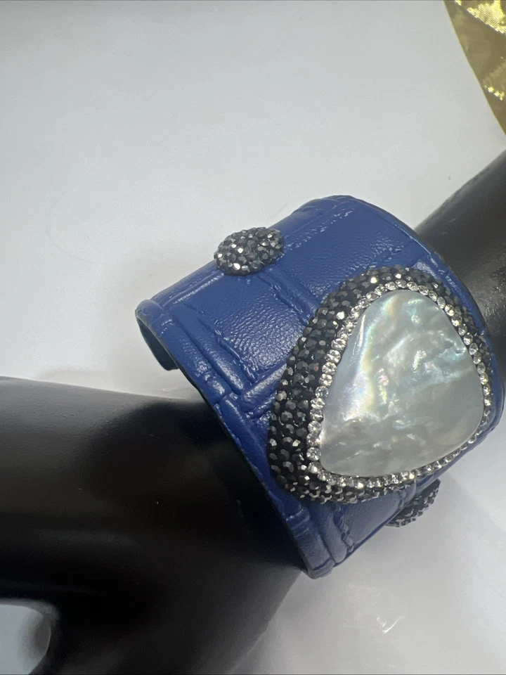 Bracelete de pedra semipreciosa pérola larga ajustável azul - Imagem 3 de 4