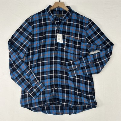 Primark Men s Flannel Shirt L Blue Orange Plaid Long Sleeve Button Down NWT