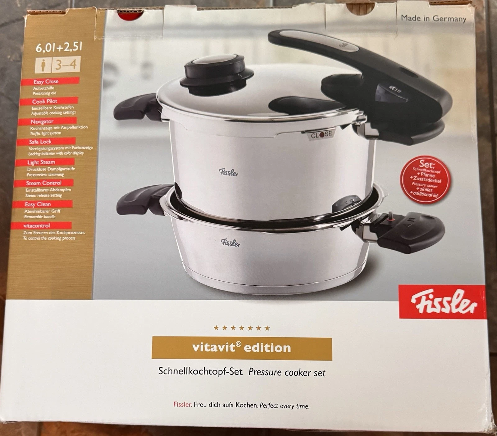 Fissler Vitavit Pressure Cooker 3-Piece Set, 6.3Qt and 2.6Qt w/Insert, Lid
Opens in a new window or