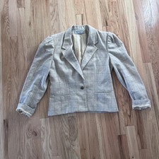 vtg 70s wool blazer cropped neutral beige small windowpane plaid