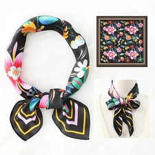 Black Base with Multi Color Floral - Satin Silk Feel Square Scarf