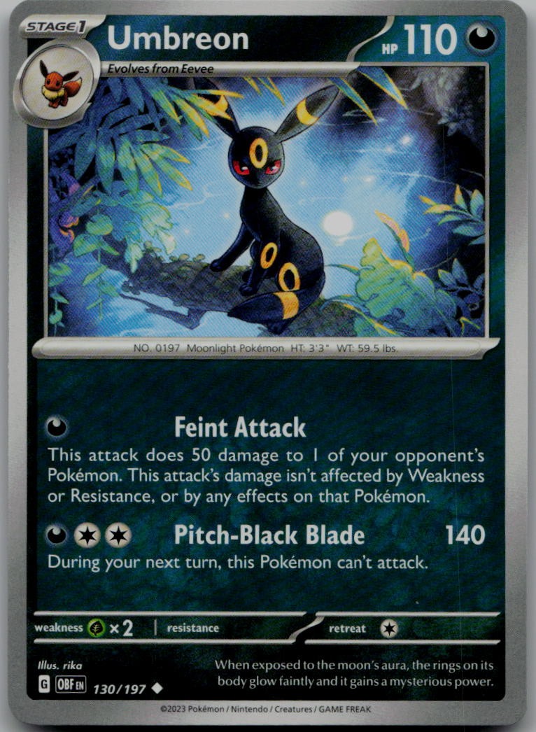 Umbreon Reverse Holofoil 130/197 Uncommon Obsidian Flames LP Pokemon