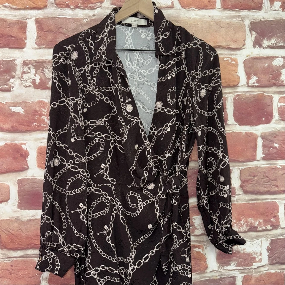 LOFT платье женщин 10P миниатюрный черный белый цепочка печать длинным рукавом надежном V шеи - Изображение 3 из 4