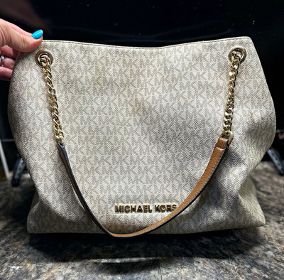 Michael Kors Beige MK Monogram Large Shoulder Bag Chain Strap Zip Detach Strap
