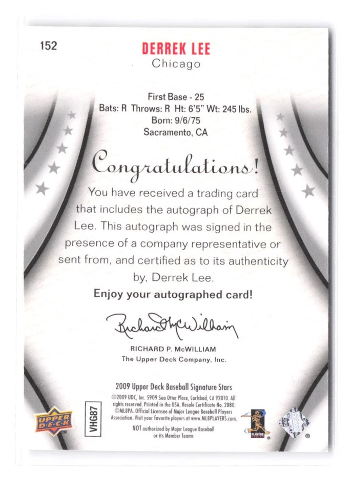 2009 Upper Deck 签名明星 Derrek Lee 签名亲笔签名 152 芝加哥小熊队 — 第 2/2 张图片