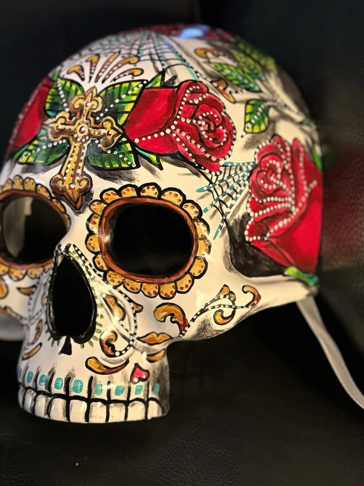 Half Skull Red Day of the Dead Mask Dia de los Muertos Masquerade Hand Painted - Image 4 of 4