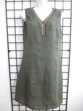 LINA TOMEI / ITALY   🌸  SMALL==OLIVE GREEN / RHINESTONE / LINEN SHIFT DRESS