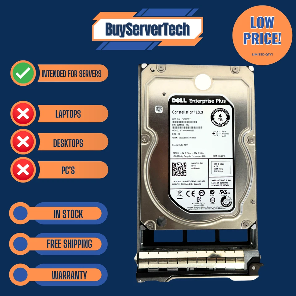 Dell 4TB 7.2K 3.5" SAS 6Gb/s HDD ST4000NM0023 Enterprise Plus 0DRMYH DRMYH - Image 3 of 4