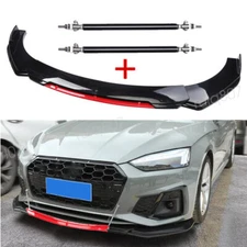 Glossy Black&Red Front Car Bumper Lip Splitter + Strut Rods For AUDI A4 A5 A6 S4