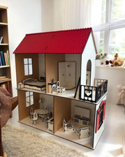🎁 Handgemachtes Öko-Puppenhaus aus Holz mit Möbeln – 2 Etagen