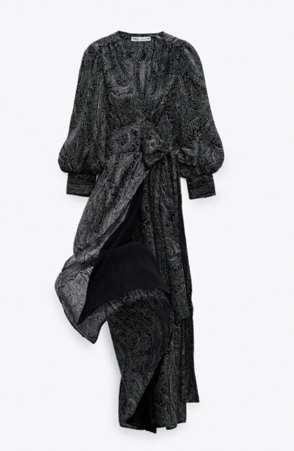ZARA NWT LONG Black PAISLEY Printed DRESS Robe Wrap Style, S image 5