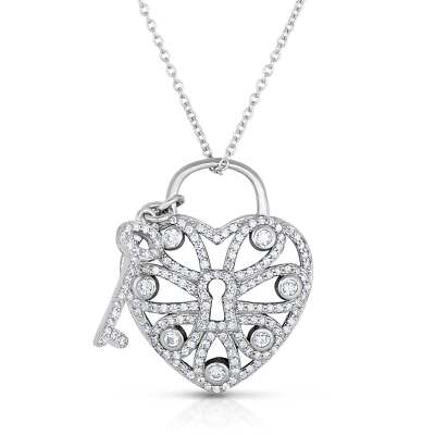 Solid 925 Sterling Silver Filigree Pave Heart Key CZ Pendant Necklace 16''-18''