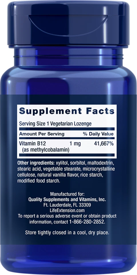 Vitamina B12 1000mcg (metilcobalamina 1mg) Life Extension 2X60 Pastillas Foto 2 de 2