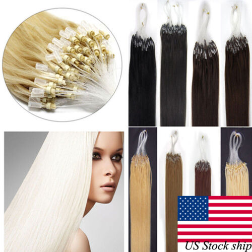 Micro Rings Link Loop Beads Tip 100% Real Remy Human Hair Extensions Natural US - Afbeelding 1 van 85