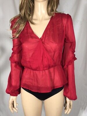 Women's NWT Guess Red Sheer Silk Long Sleeve V-Neck Top Women's NWT Guess Red Sheer Silk Long Sleeve V-Neck Top