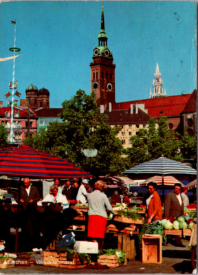 Vintage Postcard Munich Germany Viktualienmarkt Market Stalls Clock Tower