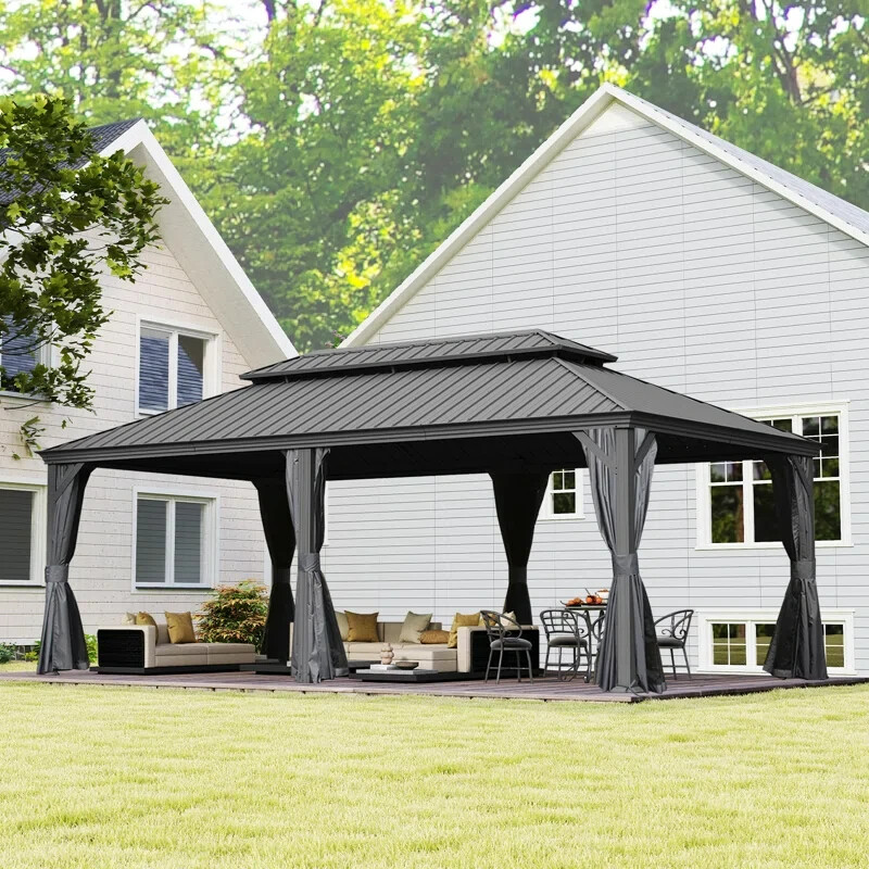 Domi 14x24Ft Hardtop Gazebo Double Roof w/Curtain&Netting,Built-in gutter system