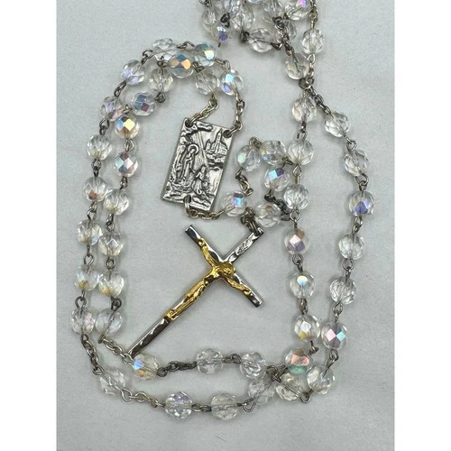 Our Lady of Lourdes AB Glass Rosary Vintage Silver and Gold Tone