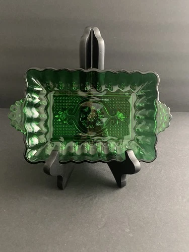 Vintage ANCHOR HOCKING Forest Green Glass Tray / Relish / Snack Dish 8.5"L