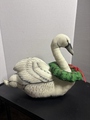 Vintage Handmade Stuffed Christmas Swan Pillow Traditional Cozy Elegant Wreath