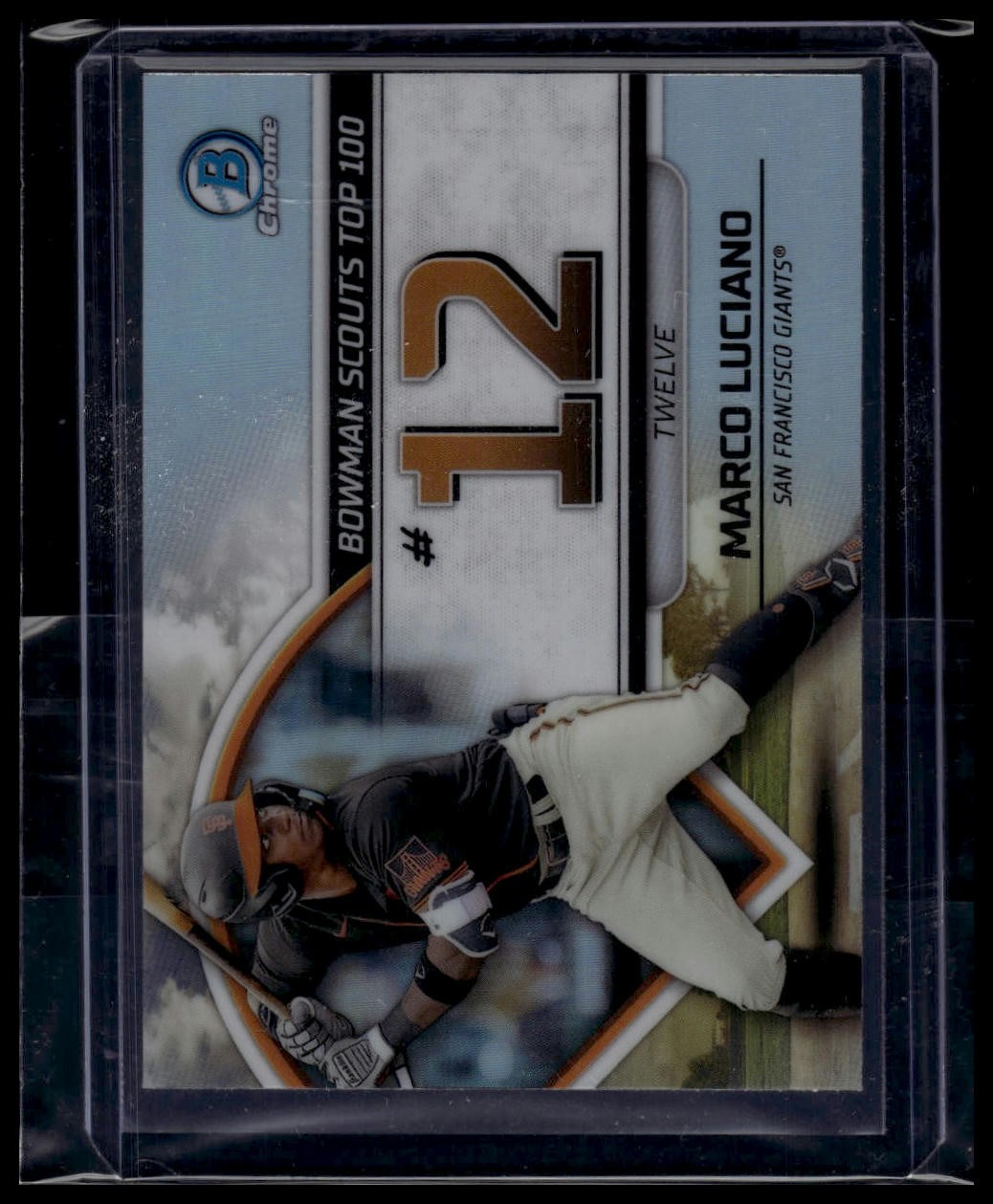 2023 Bowman #BTP-12 Marco Luciano Bowman Scouts Top 100 Atomic Refractors #/150