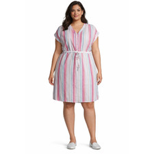 Time & Tru Linen Dress XL 16 18 Multicolor Stripe Pink Short Sleeve V Neck