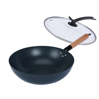 32cm Bratpfanne Wok mit Deckel Eisenpfanne Massivholzgriff Induktionsgeeignet... - Bild 1 von 4