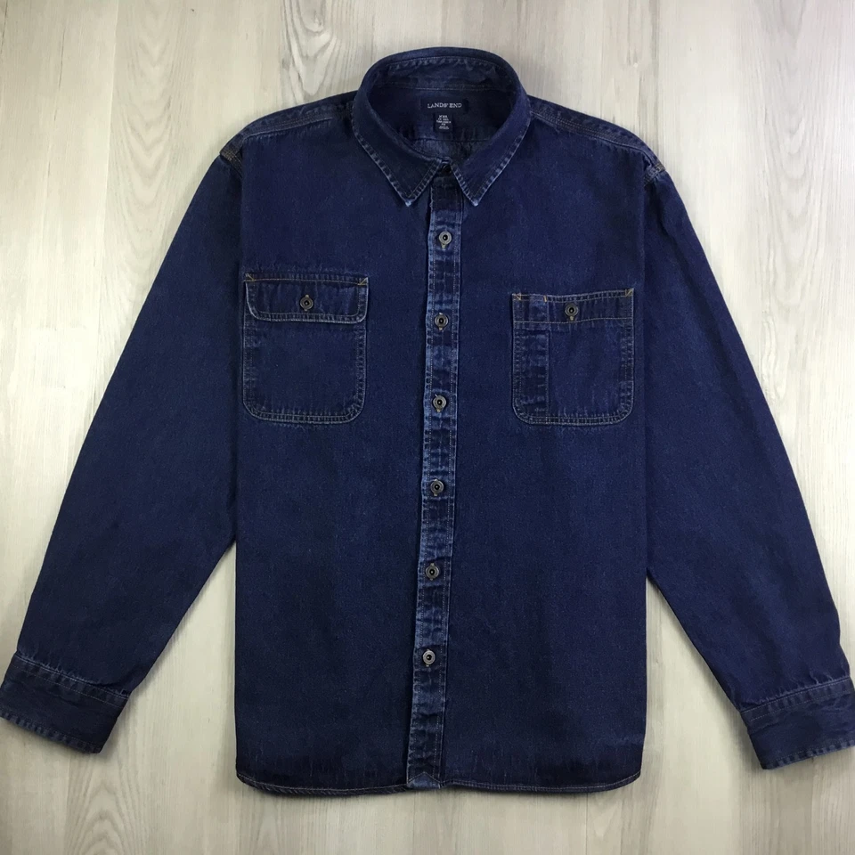Lands End Mens Shirt 2XL Blue Denim Metal Button Up Long Sleeve Pockets Utility - Image 2 of 4
