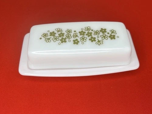 Pyrex Corelle Spring Blossom Crazy Daisy Covered Butter Dish Green Vintage