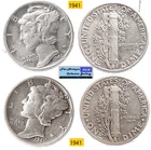 2 Vintage 1941⌛US Phila Mint World War II Silver Mercury Dimes🪙As Depicted🪙
