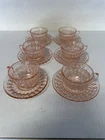 Jeanette Glass Holiday Buttons & Bows Depression Glass Cup & Saucer Set of 6