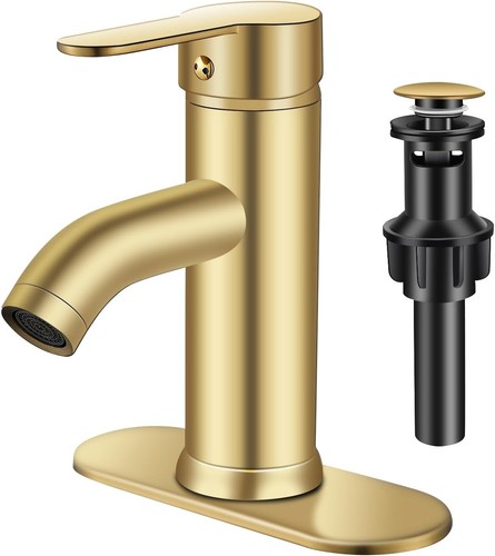 Grifo de baño dorado cepillado de una sola manija con desagüe emergente - Lujo moderno - Imagen 3 de 8