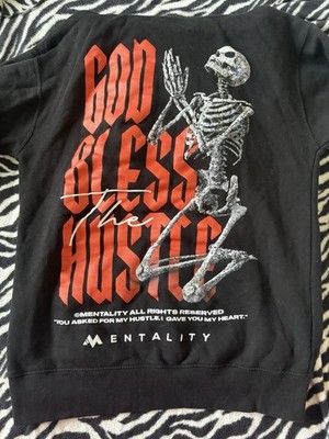 Mentality God Bless the Hustle Skeleton Graphic Black Fleece Pullover Hoodie S
