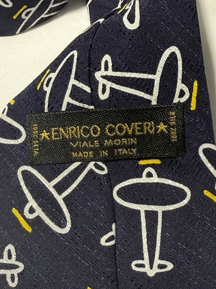 "Corbata Enrico Coveri Italia - Azul marino con estampado de avión | Diseñador vintage 57""" Foto 4 de 4