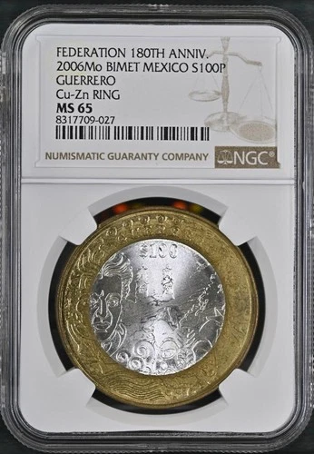 2006 Mo Mexico 180th Ann. Bimetal, Guerrero, 100 Peso MS65 NGC KM# 791
