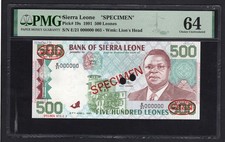 Sierra Leone 500 Leones 27-4-1991 P19s  Specimen N.003  UNC Graded 64 Top Pop