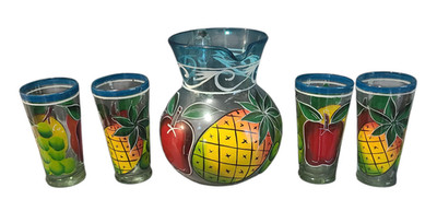 Vintage Hand Painted Tropical Fruit Hand Blown Glass Pitcher &4 Tumblers Glasses