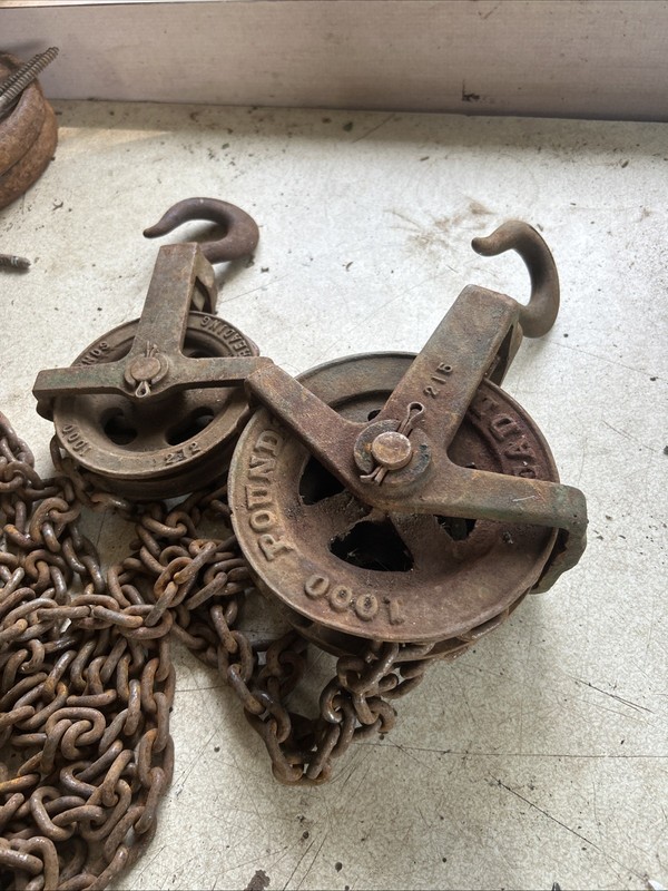 Vintage READING 2 Block Chain Pulleys, 1/2 Ton (1000lbs) Forged Steel USA SOLID!