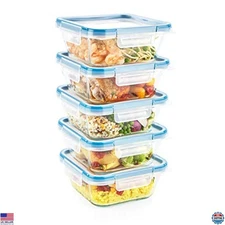 5-Pack Glass Food Storage Containers, 4 Cup, Airtight Leakproof BPA-Free Lids