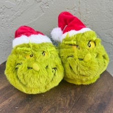 Grinch Holiday NEW Plush Kids Slippers Green Santa Hat Christmas Sz Small 9-10