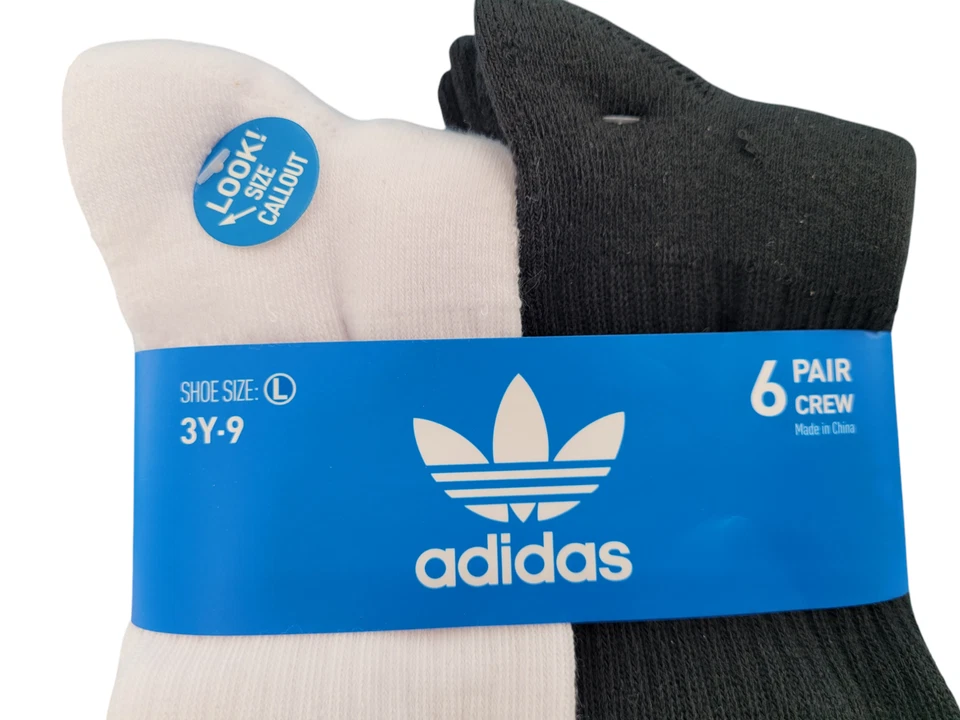 adidas Youth Originals Trefoil 6-Pack Crew Socks Size L (3Y-9) White/Black NEW - Image 4 of 4