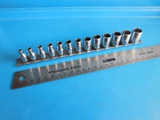USED, SNAP ON  1/4 IN. DR. SHORT METRIC  6 PT.  SOCKETS,13 TOTAL, 4 THRU 15MM