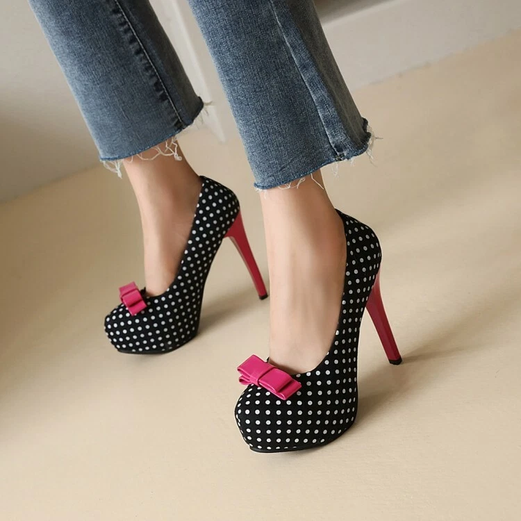 Women Platform High Heels Bowknot Round Toe Pumps Fashion Polka Shoes |