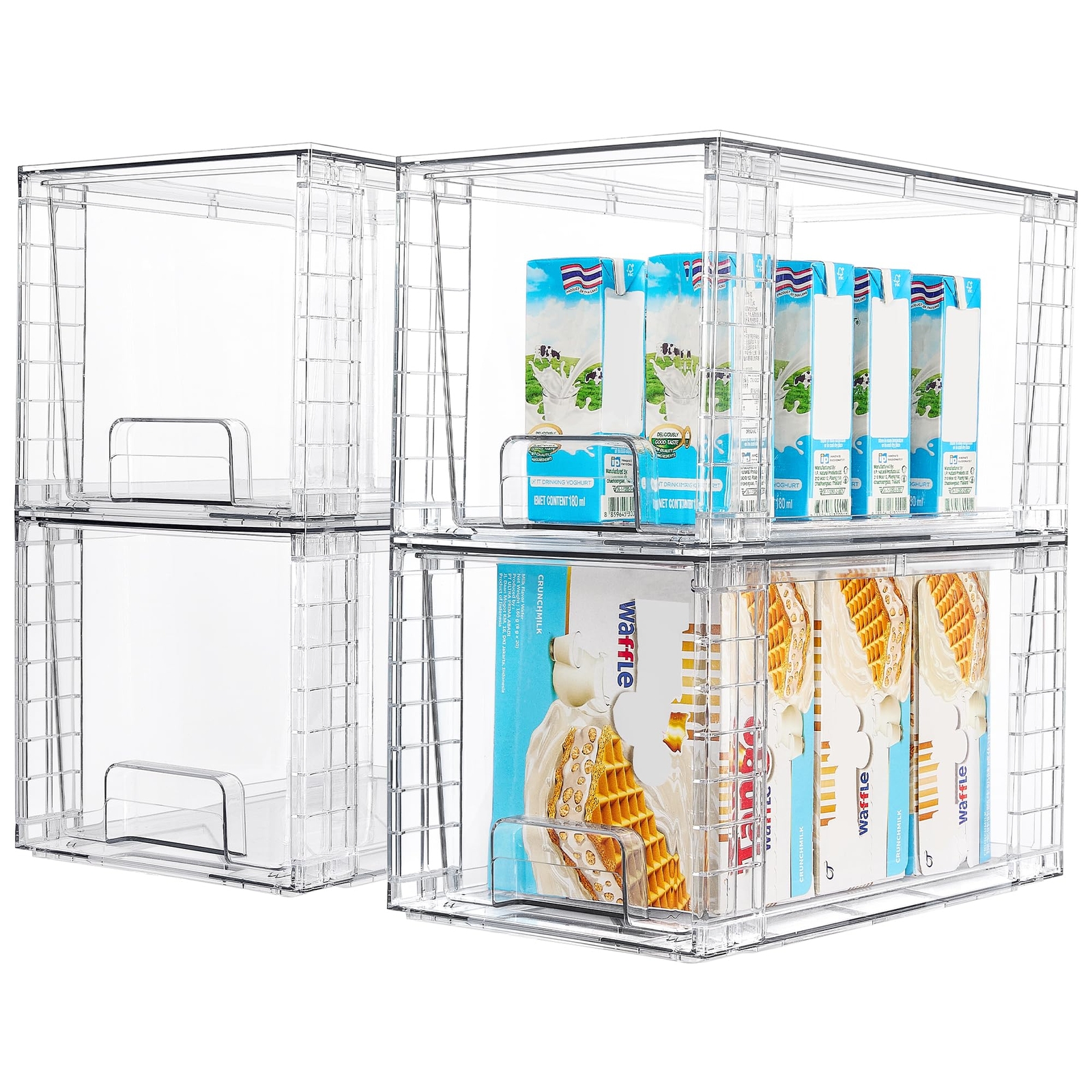 4Pack Large Stackable Kitchen Pantry Storage Drawers, Clear Organizer Bins wi...