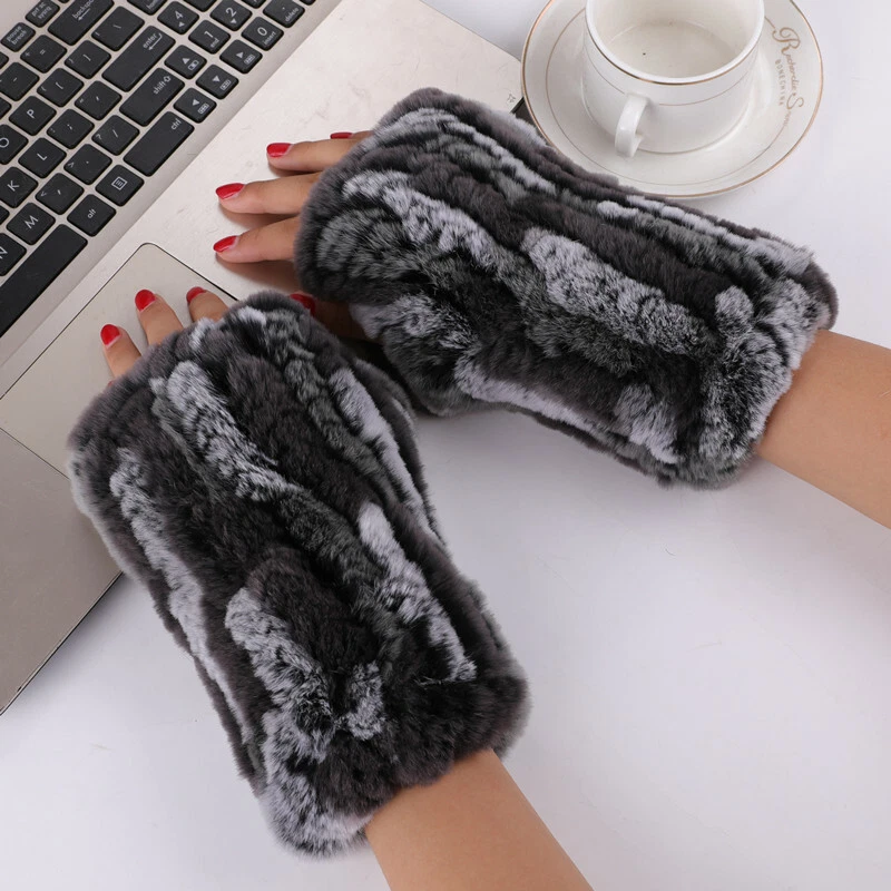 Real Rex Rabbit Fur Glove Mitten Knitted Fingerless Wrist Warm High Elastic - Image 4 of 4