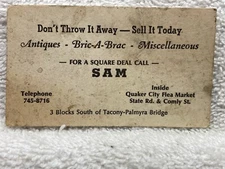 SAM Quaker City Flea Market Tacony PA Palmyra NJ Vintage Business Card